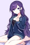  1girl asahina_mafuyu bangs bare_legs black_shirt blue_eyes blue_shorts closed_mouth commentary cosplay empty_eyes hand_up highres jacket long_hair long_sleeves looking_to_the_side open_clothes open_jacket partially_unzipped project_sekai purple_hair shirt shorts solo track_jacket unzipped very_long_hair waka_(wk4444) yoisaki_kanade yoisaki_kanade_(cosplay) zipper_pull_tab 