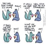  1:1 ambiguous_gender blue_body blue_fox_(foxes_in_love) blue_fur blue_tail canid canine comic dessert dialogue duo english_text exclamation_point feral food fox foxes_in_love fur green_body green_fox_(foxes_in_love) green_fur green_tail hi_res ice_cream male_(lore) mammal question_mark shadow simple_background text url 