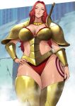  1girl absurdres arm_guards armor armored_boots ass_visible_through_thighs baccarat_(one_piece) bangs blush boots breastplate breasts cleavage from_below gold_armor green_eyes highres large_breasts long_hair looking_at_viewer looking_down one_piece one_piece_film_gold panties parted_bangs pauldrons red_hair red_panties shoulder_armor smile solo thighs underwear yoshio_(55level) 