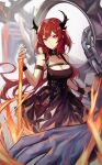  1girl absurdres arknights belt belt_pouch black_dress breasts chain chest_strap cleavage detached_collar dress highres horns id_card infection_monitor_(arknights) long_hair medium_breasts molten_rock pouch pupik purple_eyes red_hair sleeveless sleeveless_dress solo surtr_(arknights) 
