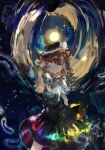  1girl bangs black_headwear black_skirt bow brown_eyes brown_hair collared_shirt commentary_request cowboy_shot feathers fedora hand_up hat hat_bow highres looking_at_viewer medium_hair moon rainbow_gradient shirt short_sleeves skirt smile solo touhou usami_renko uwazumi white_bow white_shirt 