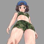  1girl :3 abs absurdres akiyama_yukari bikini breasts brown_eyes brown_hair camouflage camouflage_bikini camouflage_shorts girls_und_panzer gobyl grey_background hat highres looking_at_another looking_at_viewer muscular muscular_female navel shorts small_breasts smile solo sweat swimsuit twitter_username 