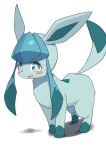  2022 4_toes ambiguous_gender blue_body blue_eyes blue_fur blush canid cute_fangs eeveelution feet feral fur glaceon green_body green_fur happy hi_res kemono koorinezumi leg_markings looking_at_viewer mammal markings nintendo open_mouth open_smile pok&eacute;mon pok&eacute;mon_(species) quadruped shadow simple_background smile smiling_at_viewer socks_(marking) solo toes tongue video_games white_background 