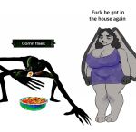  annoyed anthro big_breasts big_ears black_body black_hair blue_eyeshadow bowl breasts buckteeth cereal cinnamonrug cleavage clothed clothing container crouching dark_hair dialogue duo eating eyelashes eyeshadow female fist food fur green_eyes grey_body grey_fur hair hi_res huge_breasts humanoid lagomorph leporid long_fingers makeup male mama_rabbit_(tmftw) mammal mature_female meme nightgown purple_nightgown rabbit scp-096 shitpost simple_background slightly_chubby teeth text the_man_from_the_window thick_thighs white_background wide_hips 