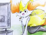  ambiguous_gender anthro blush braixen canid canine eiroru fox hi_res inner_ear_fluff mammal nintendo open_mouth pok&eacute;mon pok&eacute;mon_(species) simple_background smile solo television tuft video_games 