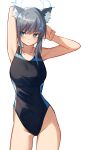  1girl absurdres animal_ear_fluff animal_ears armpits arms_behind_head arms_up bangs black_swimsuit blue_archive blue_eyes blush breasts bright_pupils closed_mouth competition_swimsuit cowboy_shot cross_hair_ornament grey_hair hair_ornament halo highres looking_away looking_to_the_side medium_breasts mismatched_pupils one-piece_swimsuit shiroko_(blue_archive) short_hair shouz sidelocks simple_background solo stretch swimsuit white_background wolf_ears 