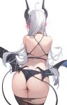  1girl ahoge arched_back ass back bare_shoulders black_bra black_panties blush bra cowboy_shot demon_girl demon_horns demon_tail demon_wings from_behind grey_hair highres horns leaning_forward lingerie long_hair low_wings nekojira original panties pointy_ears solo spaghetti_strap string_bra string_panties tail thea_(nekojira) thighhighs thighs torn_clothes torn_legwear underwear underwear_only wings 