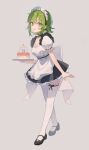  1girl :d alternate_costume anniversary apron bangs birthday_cake black_footwear black_ribbon black_skirt breasts cake cleavage commentary enmaided food frilled_skirt frills full_body green_eyes green_hair grey_background gumi highres holding holding_plate leaning_forward leg_ribbon looking_at_viewer maid maid_headdress mary_janes medium_breasts open_mouth plate puffy_short_sleeves puffy_sleeves ribbon shoes short_hair short_sleeves simple_background skirt smile solo standing thighhighs vocaloid white_apron white_legwear zettai_ryouiki zhi_(yammycheese) 