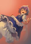  1girl apron bangs blue_skirt blue_vest blush commentary_request foot_out_of_frame fujimi_nao hat highres letty_whiterock long_sleeves looking_at_viewer open_mouth orange_background pants purple_eyes purple_hair shirt short_hair skirt skirt_set smile solo touhou vest waist_apron white_apron white_headwear white_pants white_shirt 