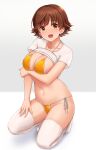  1girl :d bangs bikini breasts brown_hair commentary_request highres honda_mio idolmaster idolmaster_cinderella_girls large_breasts looking_at_viewer navel short_hair smile solo swimsuit thighhighs tomajiyama white_legwear yellow_bikini yellow_eyes 