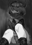  1girl absurdres black_shirt boots bow cape covered_mouth cross-laced_footwear greyscale hair_bow highres lace-up_boots long_sleeves looking_at_viewer miniskirt monochrome ribbon-trimmed_bow sekibanki shirt short_hair sitting skirt solo touhou withpote 