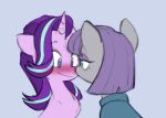  2022 blue_background blue_eyes blush boop chub-wub clothing digital_media_(artwork) duo earth_pony equid equine eyelashes eyeshadow female feral friendship_is_magic grey_body hair half-closed_eyes hasbro hi_res horn horse makeup mammal maud_pie_(mlp) my_little_pony narrowed_eyes nose_boop pink_body pony purple_hair simple_background starlight_glimmer_(mlp) unicorn wavy_mouth 