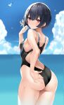  1girl ass bangs bare_shoulders black_swimsuit blue_hair blurry blurry_background blush breasts cloud competition_swimsuit from_behind highres idolmaster idolmaster_shiny_colors inuzumi_masaki looking_at_viewer looking_back morino_rinze ocean one-piece_swimsuit purple_eyes sky small_breasts swimsuit thighs water 