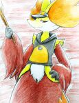  ambiguous_gender anthro canid canine clothing delphox eiroru fox hand_on_hip hi_res inner_ear_fluff mammal nintendo pok&eacute;mon pok&eacute;mon_(species) simple_background smile solo tuft video_games 