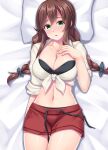  1girl bed_sheet blush braid breasts brown_hair cleavage collarbone cowboy_shot green_eyes hair_between_eyes highres kantai_collection large_breasts long_hair navel noshiro_(kancolle) official_alternate_costume open_mouth pillow red_shorts ruin_re_birth shirt short_sleeves shorts solo twin_braids white_shirt 