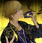  1boy black_jacket blonde_hair cake cake_slice chain_necklace finger_tattoo food happy_birthday holding holding_food jacket kuzuryu_chisei licking_lips long_sleeves looking_at_viewer male_focus neck_tattoo paradox_live purple_eyes short_hair smile suou tattoo tongue tongue_out 