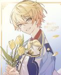  1boy blonde_hair bouquet flower happy_birthday highres holding holding_bouquet long_sleeves looking_at_viewer male_focus nes_(nes_402) petals project_sekai short_hair smile tenma_tsukasa tulip yellow_eyes yellow_flower 