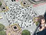  1girl bob_cut brown_hair cellphone cityscape commentary crosswalk crowd from_above intersection original phone qr_code road short_hair smartphone street yajirushi_(chanoma) 