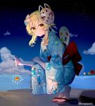  1girl alternate_costume back_bow beach blonde_hair blue_kimono bow closed_mouth commentary fireworks floral_print flower fox_mask genshin_impact hair_flower hair_ornament highres japanese_clothes kimono kneeling kuromu_shado looking_at_viewer lumine_(genshin_impact) mask mask_on_head night night_sky obi obijime outdoors red_bow red_sash sash senkou_hanabi short_hair_with_long_locks sky slime_(genshin_impact) smile solo sparkler unmoving_pattern white_flower yellow_eyes zouri 