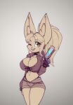  2022 anthro big_ears bottomwear breasts canid canine chest_tuft cleavage clothed clothing female fennec fox green_eyes gun hair handgun hi_res inner_ear_fluff looking_at_viewer mammal navel one_eye_closed open_mouth open_smile pistol ponytail ranged_weapon scorpdk shorts smile solo telethia_(scorpdk) tuft weapon wink 