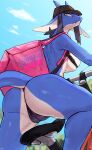  absurd_res anthro bicycle biped blue_body buta99 camel_toe clothing detailed_background female fish hat headgear headwear hi_res looking_back marine mostly_nude pupils rear_view shark slit_pupils solo solo_focus white_body 