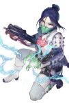  1girl apex_legends bangs blue_eyes bodysuit breasts bullpup electricity floating_hair gloves green_gloves gun hair_bun highres holding holding_gun holding_weapon looking_at_viewer mask medium_breasts mouth_mask official_alternate_costume p90 parted_bangs quarantine_722_wraith shiori_(moechin) solo squatting submachine_gun weapon white_background white_bodysuit wraith_(apex_legends) 