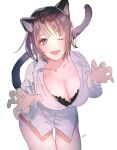  1girl animal_ears bangs bare_legs black_hair bra breasts cat_ears cat_girl cat_tail collarbone eyebrows_behind_hair gao large_breasts looking_at_viewer oguanf one_eye_closed open_clothes open_mouth original shirt short_hair simple_background smile solo tail underwear white_background 