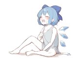  1girl alternate_costume bare_arms bare_legs bare_shoulders barefoot blue_bow blue_hair blush bow cirno closed_eyes collarbone garasuno hair_bow highres ice ice_wings open_mouth short_hair simple_background sitting solo sweat teeth touhou upper_teeth white_background wings 