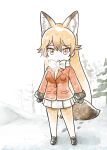  1girl absurdres animal_ears bangs black_gloves blonde_hair bow bowtie breath commentary_request extra_ears ezo_red_fox_(kemono_friends) fox_ears fox_girl fox_tail full_body fur-trimmed_sleeves fur_trim gloves hair_between_eyes highres jacket kemono_friends long_hair long_sleeves looking_at_viewer murakami_kou_(raye) necktie open_mouth orange_eyes orange_jacket orange_necktie outdoors pantyhose pleated_skirt skirt snow solo tail very_long_hair white_bow white_bowtie white_skirt yellow_legwear 