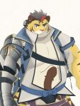  2022 anthro armor black_clothing black_underwear bulge clothed clothing felid hitachi_(tamacolle) humanoid_hands inooka kemono male mammal overweight overweight_male pantherine simple_background solo tamacolle tiger underwear white_body yellow_body 