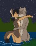  2022 4_fingers aaron_(delisle) anthro anthro_on_anthro balls black_hair black_nose breasts butt caillie-ann canid canine canis casual_nudity coyote delisle duo embrace eyes_closed female fingers fur genitals grey_body grey_fur hair hand_on_back hi_res humanoid_hands intimate kissing male male/female mammal nature night nipples nude outside plant romantic romantic_ambiance romantic_couple signature skinny_dipping sky small_breasts smile social_nudity standing standing_in_water star starry_sky tan_body tan_fur tree water 