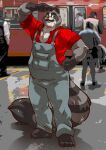  2022 anthro biped clothing facial_hair grey_body group hi_res humanoid_hands male mammal markwulfgar mustache overalls procyonid raccoon shirt slightly_chubby topwear 