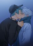  2boys absurdres azul_ashengrotto bangs baseball_cap black_headwear black_shirt blue_background blue_eyes blue_hair blue_scarf blush casual coat eyelashes face-to-face glasses grey_hair half-closed_eyes hand_up hat highres hyakutennnn jade_leech kiss long_sleeves looking_at_another male_focus messy_hair mole mole_under_mouth multiple_boys profile scarf scarf_grab shirt short_hair sidelocks twisted_wonderland upper_body white_coat 