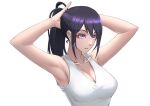  1girl armpits arms_up black_hair blue_eyes breasts cleavage collarbone eyeshadow highres large_breasts long_hair makeup original parted_lips ponytail red_eyeshadow shirt sleeveless sleeveless_shirt solo sthreep tying_hair upper_body white_background white_shirt 