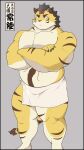 2022 absurd_res anthro belly biped felid hi_res hitachi_(tamacolle) humanoid_hands inooka kemono male mammal musclegut pantherine simple_background solo tamacolle text tiger towel white_body yellow_body 
