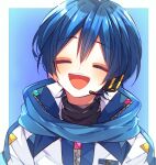  1boy :d bangs blue_hair blush closed_eyes coat facing_viewer head_tilt headphones headset high_collar highres kaho_0102 kaito_(vocaloid) male_focus open_mouth scarf short_hair smile solo turtleneck vocaloid zipper 