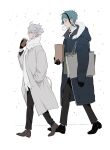  2boys absurdres arm_at_side azul_ashengrotto bag bangs baozi black_footwear black_gloves black_hair black_pants blue_coat blue_eyes blue_hair blush brown_footwear coat collared_shirt cup disposable_cup earrings food food_in_mouth full_body fur-trimmed_coat fur-trimmed_hood fur_trim glasses gloves grey_coat grey_hair hand_in_pocket hand_up highres holding holding_bag holding_cup hood hood_down hooded_coat hyakutennnn jade_leech jewelry long_sleeves looking_away male_focus mole mole_under_mouth mouth_hold multicolored_hair multiple_boys necktie pants paper_bag profile scarf shirt shoes shopping_bag short_hair snowing socks streaked_hair striped_necktie twisted_wonderland walking white_background white_scarf white_shirt winter winter_clothes yellow_eyes 