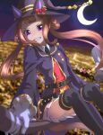  1girl absurdres belt black_legwear blurry blurry_background blurry_foreground braid broom broom_riding brown_hair commentary crescent_moon depth_of_field gloves grin hat hat_with_ears highres horse_tail long_hair looking_at_viewer looped_braids moon night outdoors pleated_skirt purple_eyes purple_robe shirt skirt smile solo sweep_tosho_(umamusume) tail thighhighs thin_(suzuneya) twintails umamusume white_gloves white_shirt witch_hat 