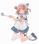  1girl ahoge animal_ears apron arm_behind_back bangs black_footwear brown_hair cat_ears cat_girl cat_tail closed_mouth collared_dress daizu_(melon-lemon) dress frilled_apron frills full_body grey_dress hair_bobbles hair_ornament hand_up highres holding holding_ladle kneeling ladle looking_at_viewer loose_thighhigh maid maid_apron maid_headdress mary_janes medium_hair name_tag necktie orange_eyes orange_necktie original shoes short_dress short_sleeves simple_background solo sweat tail thighhighs two_side_up white_apron white_background white_legwear 