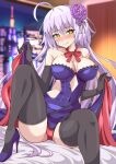  1girl ahoge black_gloves black_legwear blush breasts cleavage commentary commentary_request covered_navel dress fate/grand_order fate_(series) flower gloves grey_hair hair_flower hair_ornament high_heels highres jeanne_d&#039;arc_alter_(fate) large_breasts long_hair looking_at_viewer neck_ribbon panties purple_dress purple_flower red_panties red_ribbon ribbon solo thighhighs underwear very_long_hair xiafuizui yellow_eyes 