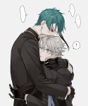  ! ... 2boys absurdres azul_ashengrotto bangs black_gloves black_hair black_jacket blue_eyes blue_hair blue_ribbon blush collared_shirt covered_mouth earrings embarrassed from_side glasses gloves grey_background grey_hair hand_on_another&#039;s_back hand_on_another&#039;s_shoulder height_difference highres hug hyakutennnn jacket jade_leech jewelry long_sleeves looking_at_another looking_away looking_down male_focus multicolored_hair multiple_boys night_raven_college_uniform profile reaching ribbon shirt short_hair simple_background spoken_ellipsis spoken_exclamation_mark streaked_hair twisted_wonderland white_shirt yaoi yellow_eyes 