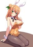  1girl absurdres animal_ears areola_slip breasts collar covered_navel cuffs fake_animal_ears fake_tail green_eyes hair_bun hair_ribbon harigane_shinshi highres hinatsuki_mikan holding holding_spoon large_breasts light_blush looking_at_viewer machikado_mazoku medium_hair no_shoes orange_hair pantyhose playboy_bunny rabbit_ears ribbon seiza simple_background single_side_bun sitting solo spoon tail white_background 