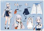  1girl absurdres bangs bare_shoulders black_footwear blue_background blue_eyes blue_hair blue_skirt character_sheet chinese_text collared_dress dress ear_piercing earrings eating food full_body grey_hair hair_between_eyes hair_intakes highres holding holding_food hood hood_down hooded_jacket indie_virtual_youtuber jacket jewelry long_hair long_sleeves mibai_zzz multicolored_hair off_shoulder official_art onigiri open_clothes open_jacket open_mouth piercing sample_watermark shoes simple_background siya_ho skirt sleeveless sleeveless_dress socks sparkle standing thigh_strap virtual_youtuber white_jacket white_legwear 