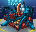  2022 anthro balls blue_body bound duo erection eyes_closed fighting_ring genitals hi_res male male/male markwulfgar monster moobs musclegut nipples overweight overweight_male penis red_body rumble_(movie) sitting steve_(rumble) tentacles tentacular_(rumble) 