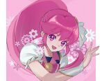  1girl absurdres aino_megumi border cure_lovely flower hair_ornament happinesscharge_precure! heart heart_hair_ornament highres magical_girl open_mouth pink_background pink_eyes pink_hair ponytail precure puffy_short_sleeves puffy_sleeves shipu_(gassyumaron) shirt short_sleeves signature smile solo upper_body vest white_border white_shirt wide_ponytail 