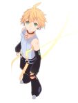  1boy :o bare_shoulders bass_clef belt black_legwear black_shorts black_sleeves blonde_hair bloom d_futagosaikyou detached_sleeves foreshortening from_above full_body headphones hip_gear kagamine_len kagamine_len_(append) leg_warmers looking_at_viewer looking_up male_focus parted_lips pendant_choker shirt shorts sleeveless sleeveless_shirt solo spiked_hair standing vocaloid vocaloid_append white_background white_footwear white_shirt 