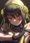  1girl bangs black_choker black_gloves black_hair blood blood_on_face chakuma_(yiyh1468) choker closed_mouth eyebrows_behind_hair fingerless_gloves flower gloves hair_between_eyes hair_flower hair_ornament hairband highres holding holding_weapon red_eyes rose short_hair_with_long_locks sidelocks solo spy_x_family upper_body weapon yellow_flower yellow_hairband yellow_rose yor_briar 