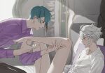  2boys azul_ashengrotto bangs barefoot bed_sheet black_hair blue_hair blush bottomless brown_eyes collared_shirt couple day dress_shirt eye_contact from_side glasses grey_hair highres holding_another&#039;s_leg hyakutennnn indoors jade_leech leaning_back leaning_forward long_sleeves looking_at_another looking_away male_focus mole mole_under_mouth multicolored_hair multiple_boys on_bed parted_lips plantar_flexion profile purple_shirt shirt short_hair sidelocks sitting streaked_hair sweat twisted_wonderland white_shirt yaoi 