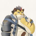  2022 anthro armor belly big_belly felid hi_res hitachi_(tamacolle) humanoid_hands inooka kemono male mammal overweight overweight_male pantherine pink_nose simple_background solo tamacolle tiger white_body yellow_body 