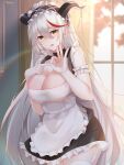  1girl absurdres aegir_(azur_lane) aegir_(iron_blood&#039;s_dragon_maid)_(azur_lane) apron arm_garter azur_lane bandeau bangs bare_arms bare_shoulders black_skirt breasts cleavage commentary_request frilled_apron frills garter_straps hair_between_eyes hairband hands_up highres horns indoors large_breasts lingshalan long_hair looking_at_viewer miniskirt multicolored_hair parted_lips petticoat red_hair skirt solo streaked_hair thighhighs very_long_hair waist_apron white_apron white_hair white_legwear window yellow_eyes 